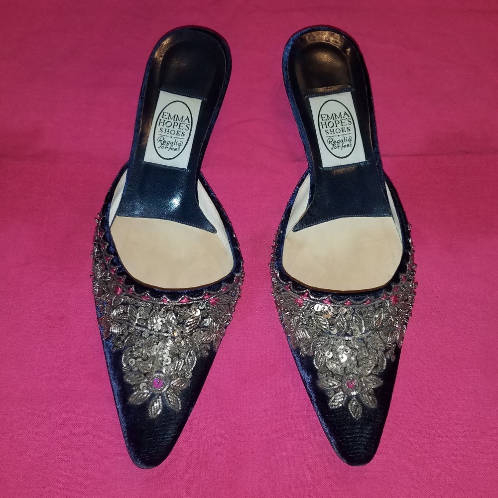 Emma Hope Navy Velvet Sequin Kitten Heel Mule